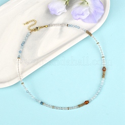 Natural Aquamarine & Quartz Crystal & Carnelian Faceted Round Beaded Necklaces&nbsp;NJEW-YW00007