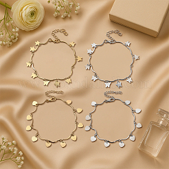 4Pcs 4 Styles Iron Butterfly Heart Slice Charm Wave Bar Link Chain Anklets for Women&nbsp;AJEW-HY0002-66
