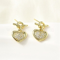 Brass Clear Cubic Zirconia Heart Dangle Stud Earrings&nbsp;EJEW-L261-015G