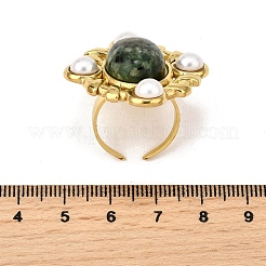 304 Stainless Steel with Natural Gemstone and Plastic Imitation Pearl Adjustable Cuff Rings for Women&nbsp;RJEW-Z096-02G-02