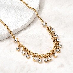 304 Stainless Steel Crystal Rhinestone Flat Round Tassel Pendant Rolo Chain Necklaces for Women&nbsp;NJEW-G199-05G