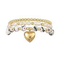3Pcs 3 Styles Printed Porcelain Beads & Synthetic Hematite Beads & ABS Plastic Pearl & 316 Surgical Stainless Steel Heart Stretch Bracelets Sets for Women&nbsp;BJEW-JB14204-01
