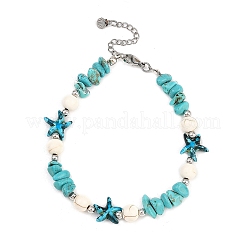 Dyed Synthetic Turquoise Starfish & Chip Beaded Anklets with 304 Stainless Steel End Chains&nbsp;AJEW-AN00733-02