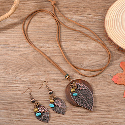 Iron & Wood & Suede Cord Pendant Necklaces & Dangle Earrings Sets&nbsp;FS-WGBCDFB-01