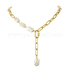 Adjustable 304 Stainless Steel Paperclip Chain Natural Baroque Keshi Pearl Rectangle Y Necklaces&nbsp;NJEW-JN06020