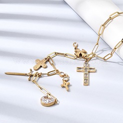 304 Stainless Steel Pave Clear Cubic Zirconia Religion Cross Teardrop Pendant Y Long Tassl Lariat Necklaces for Women&nbsp;NJEW-G199-04G