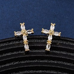 Brass Micro Pave Clear Cubic Zirconia Cross Stud Earrings&nbsp;EJEW-K267-41G