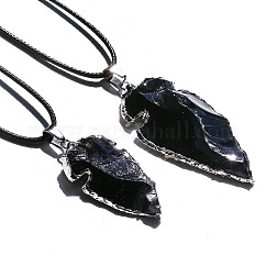 Electroplated Raw Natural Black Obsidian Arrowhead Pendant Necklaces with Imitation Leather Cord, Platinum, 13.78 inch(35cm)~19.69 inch(50cm)