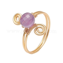 3Pcs Copper Wire Wrapped Round Natural Amethyst & Natural Aquamarine & Natural Rose Quartz Bead Finger Rings for Women&nbsp;RJEW-JR00808