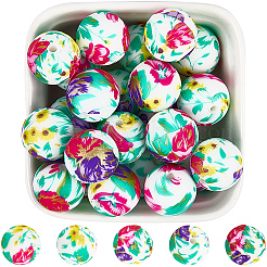 30Pcs Printed Round with Flower Pattern Silicone Focal Beads&nbsp;SIL-SC0002-84D