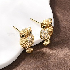 Brass Micro Pave Clear Cubic Zirconia Owl Stud Earrings&nbsp;EJEW-F400-15G