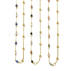 Natural & Synthetic Mixed Gemstone Faceted Round Beads Handmade Link Chain Necklaces with 316 Stainless Steel Chains&nbsp;NJEW-JN06059