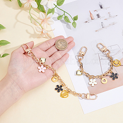 2Pcs 2 Colors Acrylic Heart & Alloy Enamel Pink and White Flower Pendant Alloy Cable Chain Bag Decorative Chains&nbsp;HJEW-BBC0001-35