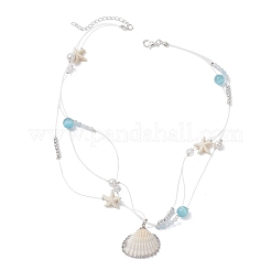 Electroplate Natural Shell Pendant Clear Nylon String 3-Strand Necklaces&nbsp;NJEW-TA00221