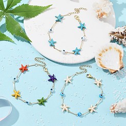 3Pcs 3 Color Glass Evil Eye & Synthetic Turquoise Starfish Link Chain Bracelets Set&nbsp;BJEW-TA00428