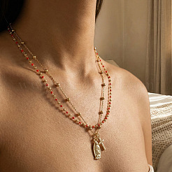 Red Glass Beaded Chain Double Layer Necklaces with Stainless Steel Religion Virgin Cross Pendant&nbsp;QR8888-1