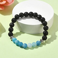 Natural Dyed Crackle Agate & Lava Rock Round Beaded Stretch Bracelet&nbsp;BJEW-TA00444-01
