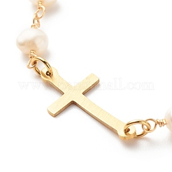 201 Stainless Steel Cross Link Bracelet with Natural Pearl Beaded Chains for Women&nbsp;BJEW-JB08543