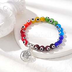 7-Color 8mm Round Alloy Handmade Evil Eye Lampwork Stretch Bracelets&nbsp;BJEW-JB10198-01