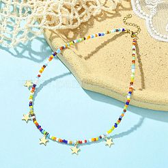 304 Stainless Steel Star Charms Bib Necklace with Glass Seed Beaded Chains&nbsp;NJEW-TA00103