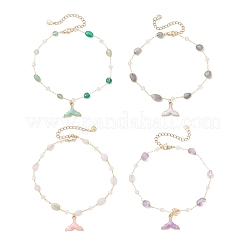 4Pcs 4 Styles Brass Handmade Natural Morganite & Amethyst & Labradorite & Green Onyx Agate(Dyed & Heated) Nuggets Link Chain Alloy Enamel Whale Tail Charm Anklets for Women&nbsp;AJEW-AN00709