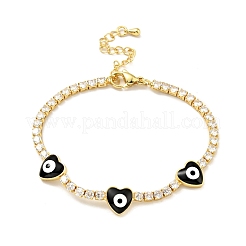 Heart with Evil Eye Enamel Link Bracelet with Clear Cubic Zirconia Tennis Chains&nbsp;BJEW-G650-04G