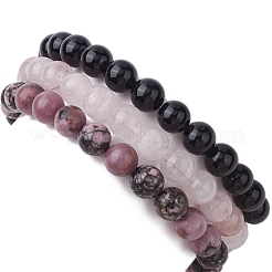 3Pcs 3 Styles Natural Mixed Gemstone Round Beaded Stretch Bracelets Set&nbsp;BJEW-JB10139-01