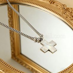 304 Stainless Steel Natural White Shell Religion Cross Pendant Box Chain Necklaces&nbsp;WG48ADF-01