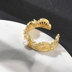 Brass with ABS Plastic Pearl Cuff Open Rings&nbsp;RJEW-Z145-04G