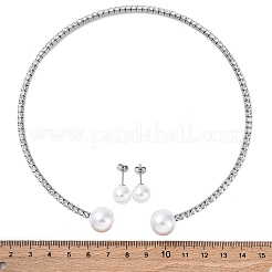 Round Plastic Imitation Pearl Stud Earrings & Rhinestone Cuff Choker Necklaces Sets&nbsp;SJEW-U003-04P
