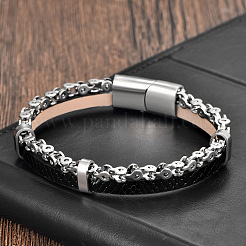 Black Braided mitation Leather & 316L Stainless Steel 2-Strand Bracelets with Magnetic Clasps for Men&nbsp;WGA2BB7-02