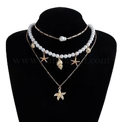 Summer Beach Alloy Starfish Pendant Shell & Imitation Pearl Beaded 3 Layer Necklaces for Women&nbsp;FS-WGA3F17-01