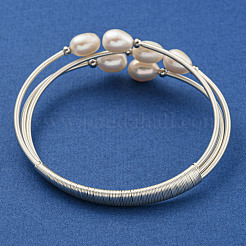 Three-Loops Brass & Natural Freshwater Pearl Beaded Wrap Bracelets for Women&nbsp;BJEW-F470-04S-01