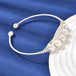 Brass Wire Wrapped Natural Pearl Open Cuff Bangles for Women&nbsp;BJEW-D453-03S