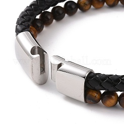 Natural Mixed Gemstone Beaded & Microfiber Leather Cord Double Layer Multi-strand Bracelet&nbsp;BJEW-G658-04P