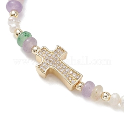 Brass Micro Pave Clear Cubic Zirconia Cross & Natural Pearl & White Jade Rondelle Beads Stretch Bracelets for Women&nbsp;BJEW-JB13114