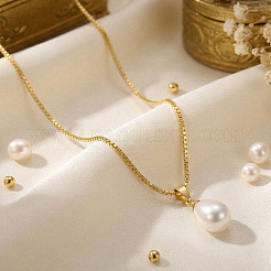 Faux Pearl Teardrop Pendant Brass Box Chain Necklaces for Women&nbsp;XX0589