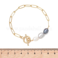 Rice Natural Cultured Freshwater Pearl & Brass Paperclip Chain Bracelets for Women&nbsp;BJEW-JB13543-01