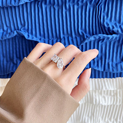 Square & Teardrop Rhodium Plated 925 Sterling Silver Micro Pave Cubic Zirconia Finger Rings for Women&nbsp;RJEW-F168-01P