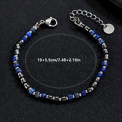 Natural Lapis Lazuli Heishi Beaded Bracelets with 201 Stainless Steel End Chains&nbsp;OQ4301-2