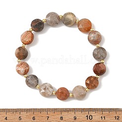 Natural Fossil Coral Faceted Flat Round Beaded Stretch Bracelets with Brass Round Beads for Women&nbsp;BJEW-JB14168