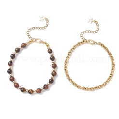 2Pcs 2 Styles Round Natural Grade AB Tiger Eye & Synthetic Hematite Beaded Bracelets & 304 Stainless Steel Cable Chains Bracelets for Women&nbsp;BJEW-JB12800-01