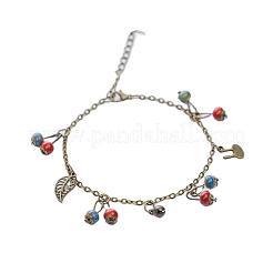 Vintage Alloy Bell Leaf and Porcelain Rondelle Beads Tassel Anklets for Women&nbsp;FS-WG4AD9F-01