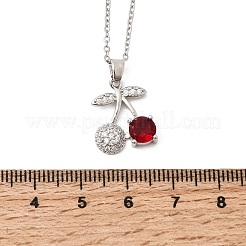 Brass Pave Clear and Red Cubic Zirconia Cherry Pendant 304 Stainless Steel Cable Chain Necklaces for Women&nbsp;NJEW-H092-05P