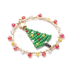 Handmade Glass Seed Beaded Flat Round with Christmas Tree Pendants&nbsp;PALLOY-MZ01066