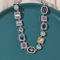Brass Micro Pave Clear Cubic Zirconia with Multicolor Cat Eye Rectangle Square Oval Tennis Necklaces&nbsp;NJEW-G183-05P