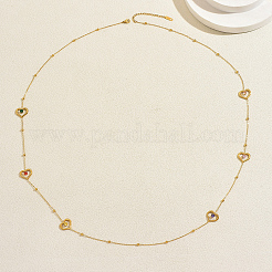 Stainless Steel Hollow Heart Link Chain Long Necklaces with Colorful Cubic Zirconia for Women&nbsp;BA3672
