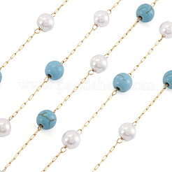 Synthetic Turquoise & Glass Round Bead Link Chains&nbsp;CHS-TA0001-49