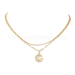 Brass Pave Clear Cubic Zirconia Moon with Star Pendant Necklaces&nbsp;NJEW-JN05383