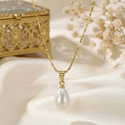 Faux Pearl Teardrop Pendant Brass Box Chain Necklaces for Women&nbsp;XX0589